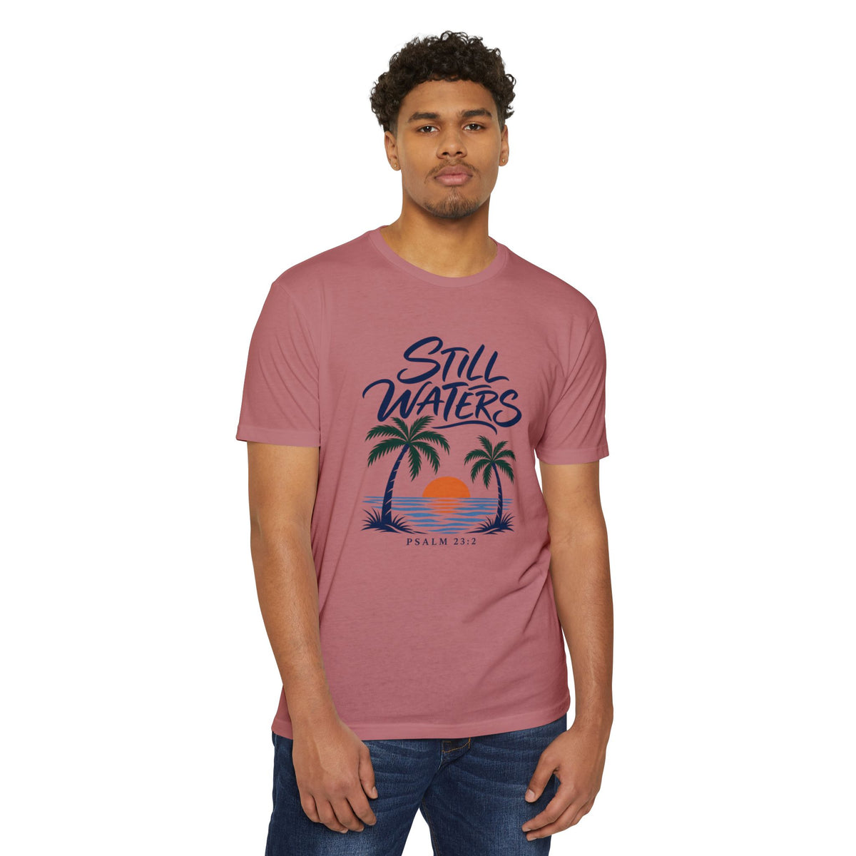 Still Waters T-Shirt — Psalm 23:2 Sunset Palm Graphic Tee Front Graphic