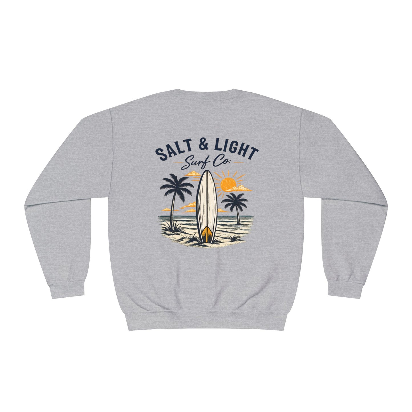 Surf Crewneck Sweatshirt — "Salt & Light" Beach Tan Surfboard Design on Backside