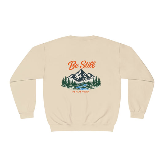 Be Still Crewneck Sweatshirt — Mountain Nature Graphic with "Psalm 46:10" Copy on Backside