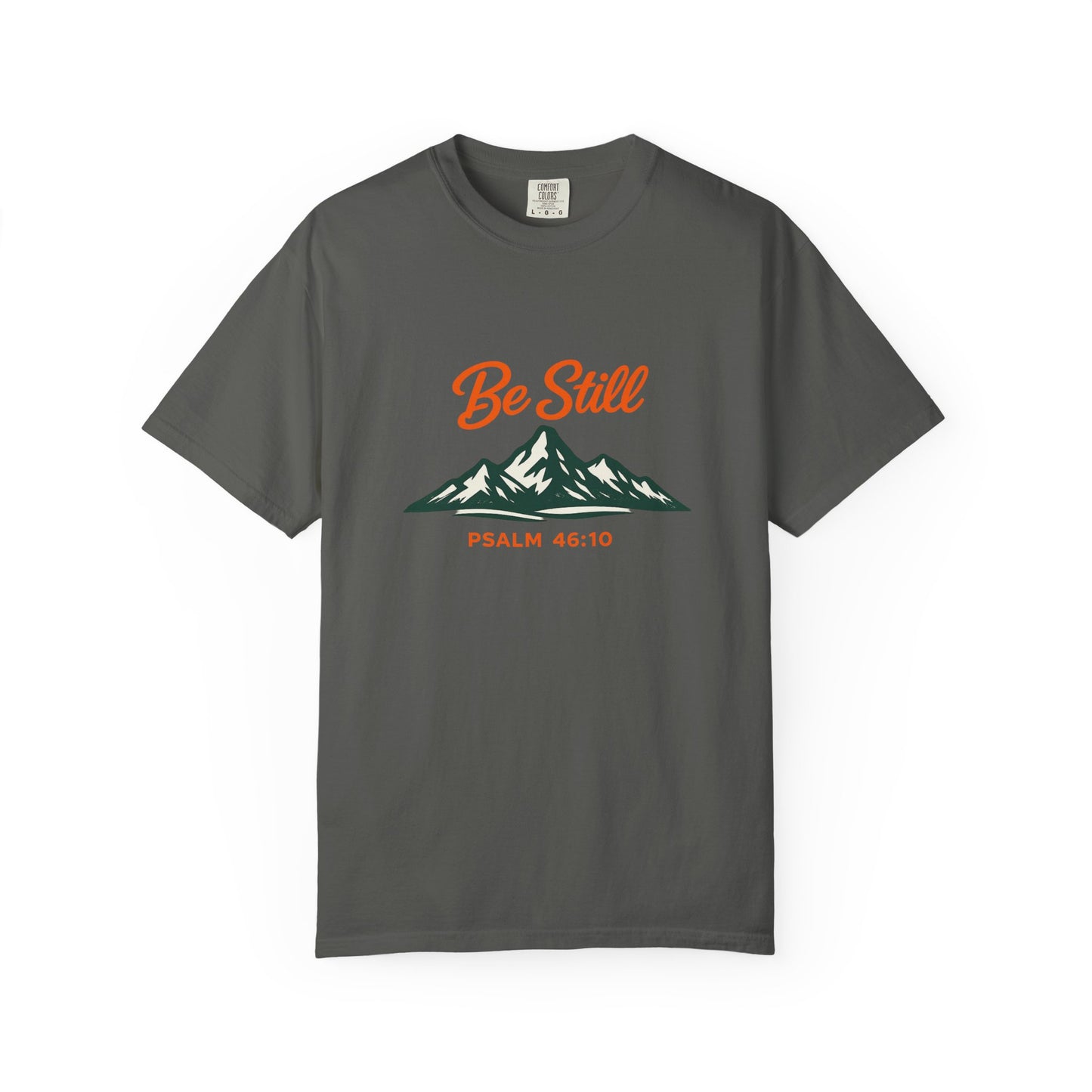 Be Still Mountain T-Shirt — Psalm 46:10 Christian Graphic Tee - Bright Ink, longer Mountain