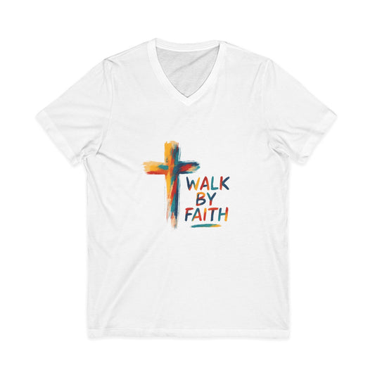 Walk By Faith V-Neck Tee — Artistic Colorful Cross Christian T-Shirt