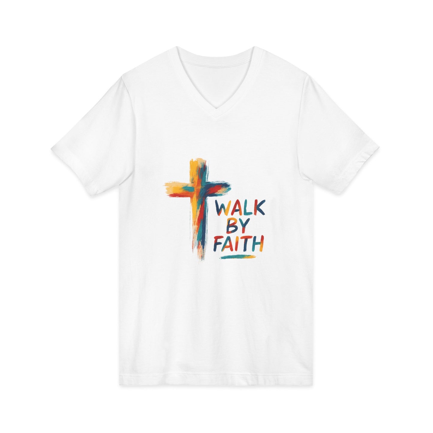 Walk By Faith V-Neck Tee — Artistic Colorful Cross Christian T-Shirt