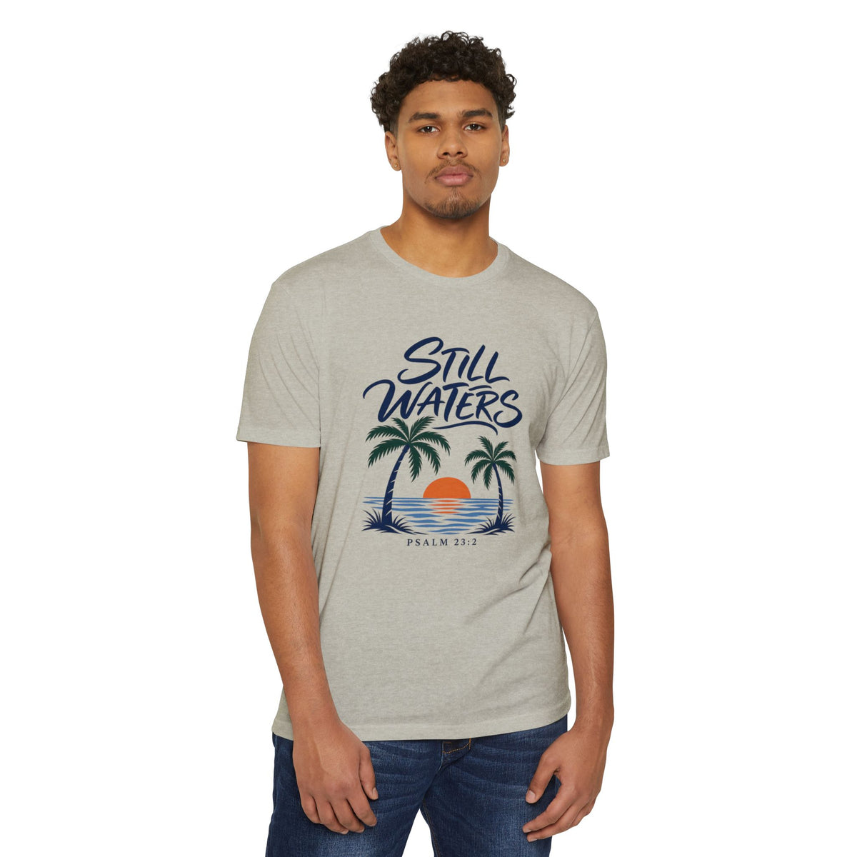 Still Waters T-Shirt — Psalm 23:2 Sunset Palm Graphic Tee Front Graphic