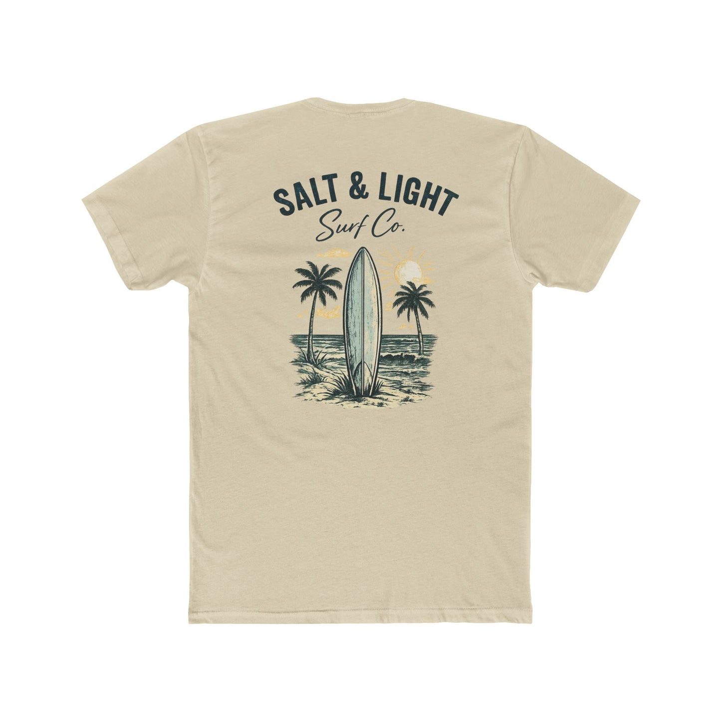 Surf Co. Vintage Surfboard T-Shirt — Salt & Light Beach Tee Graphic on Backside