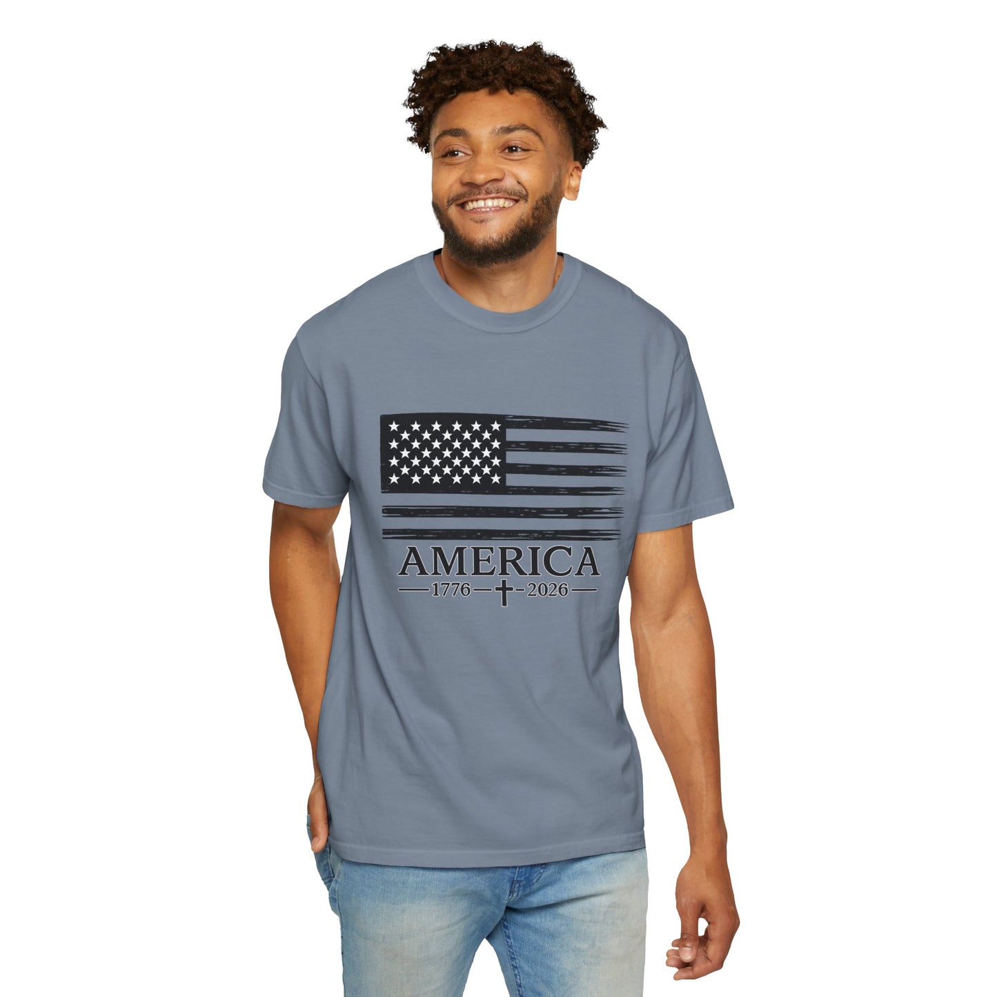 America 1776 -2026 Vintage Black Ink Flag - Unisex Garment-Dyed T-shirt