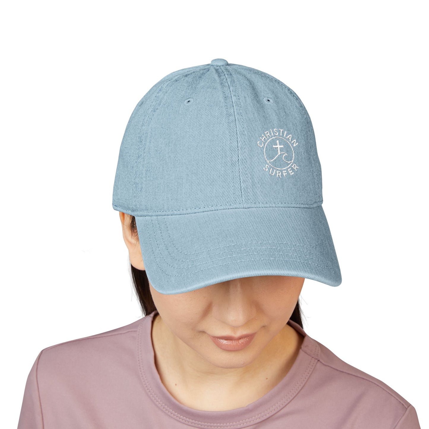 Christian Surfer Embroidered Denim Hat, Beachwear, Summer Accessory, Gift for Water Sports Lovers, Casual Outfit