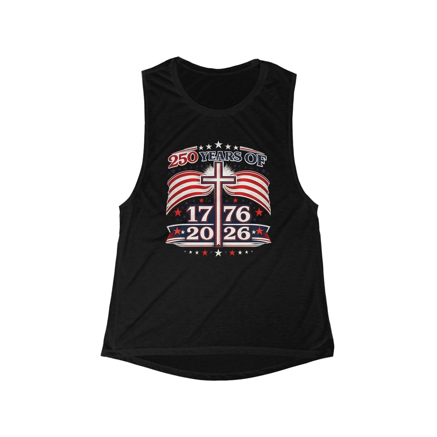 Patriotic 250 Years Tank — 1776–2026 American Flag & Cross Women's Muscle Tank