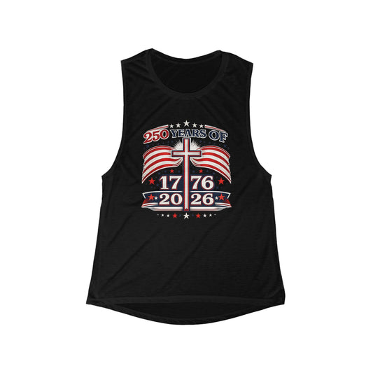 Patriotic 250 Years Tank — 1776–2026 American Flag & Cross Women's Muscle Tank