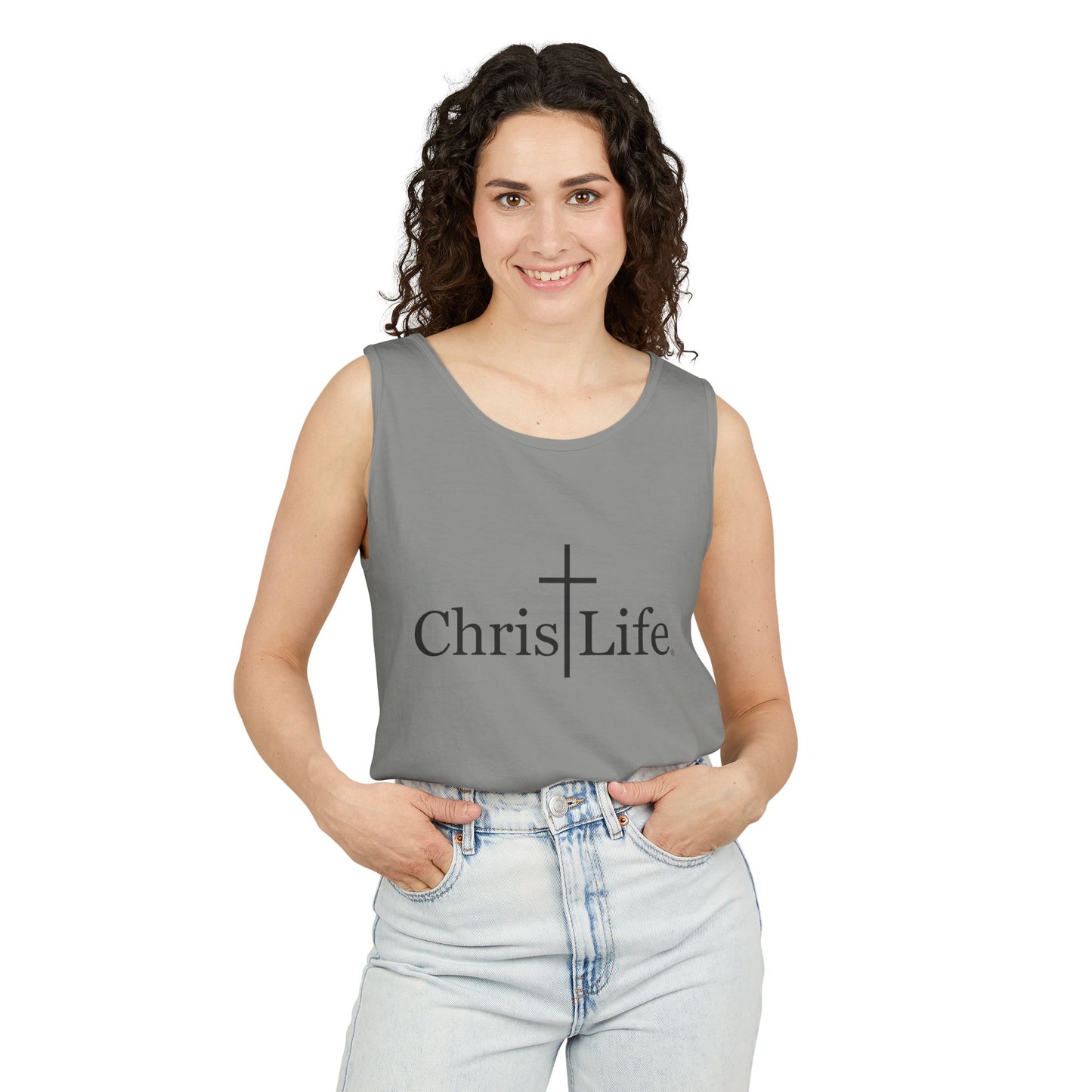 Unisex Garment- Cute Dyed Tank Top with Gray ChristLife logo