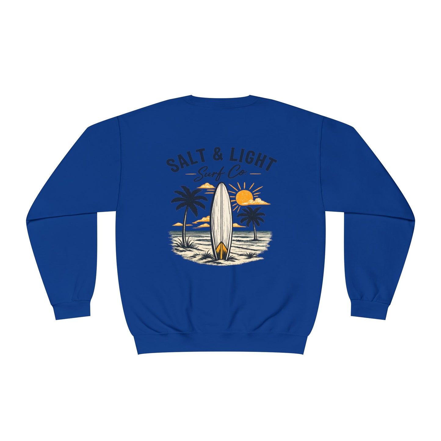 Surf Crewneck Sweatshirt — "Salt & Light" Beach Tan Surfboard Design on Backside