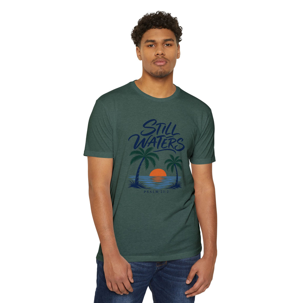 Still Waters T-Shirt — Psalm 23:2 Sunset Palm Graphic Tee Front Graphic