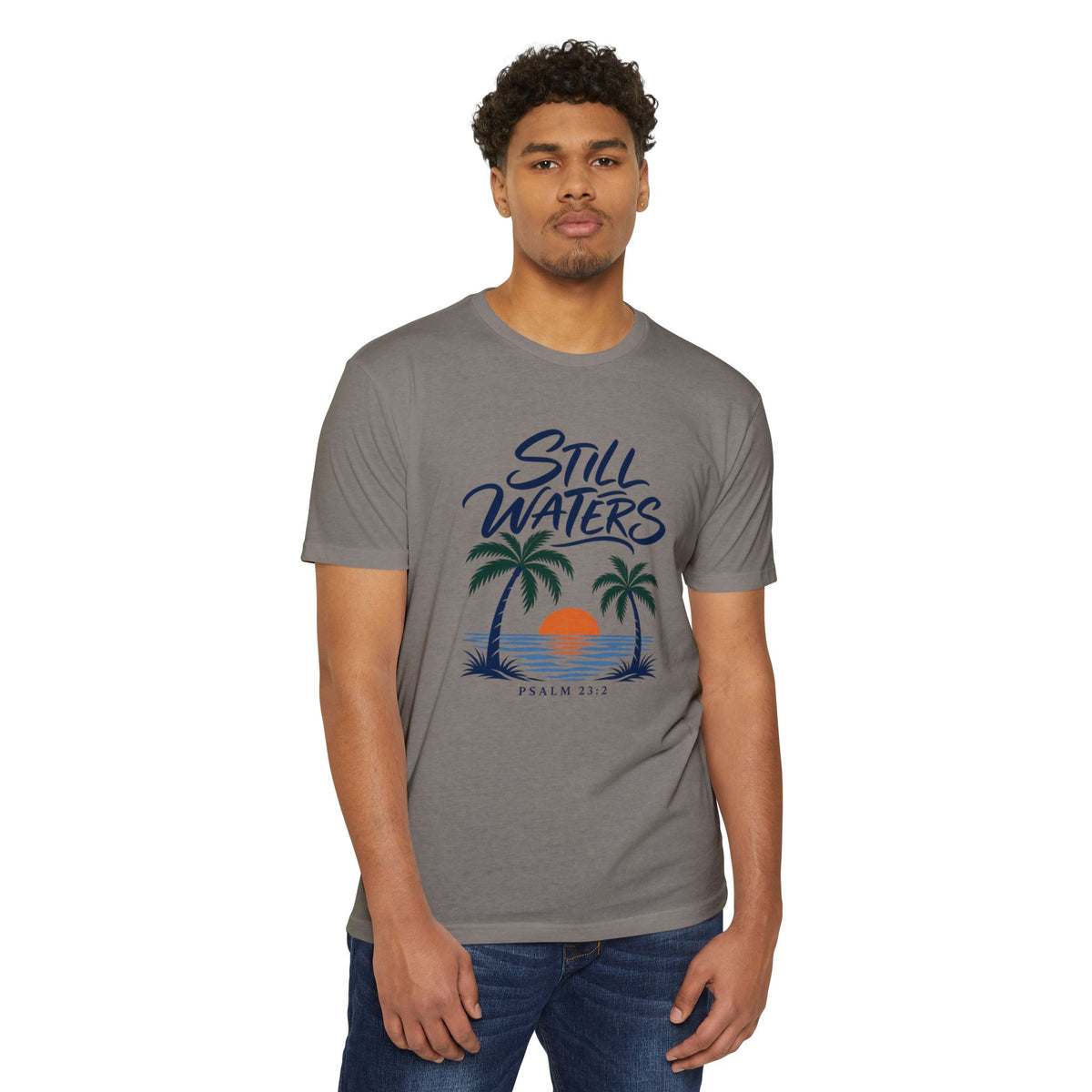 Still Waters T-Shirt — Psalm 23:2 Sunset Palm Graphic Tee Front Graphic