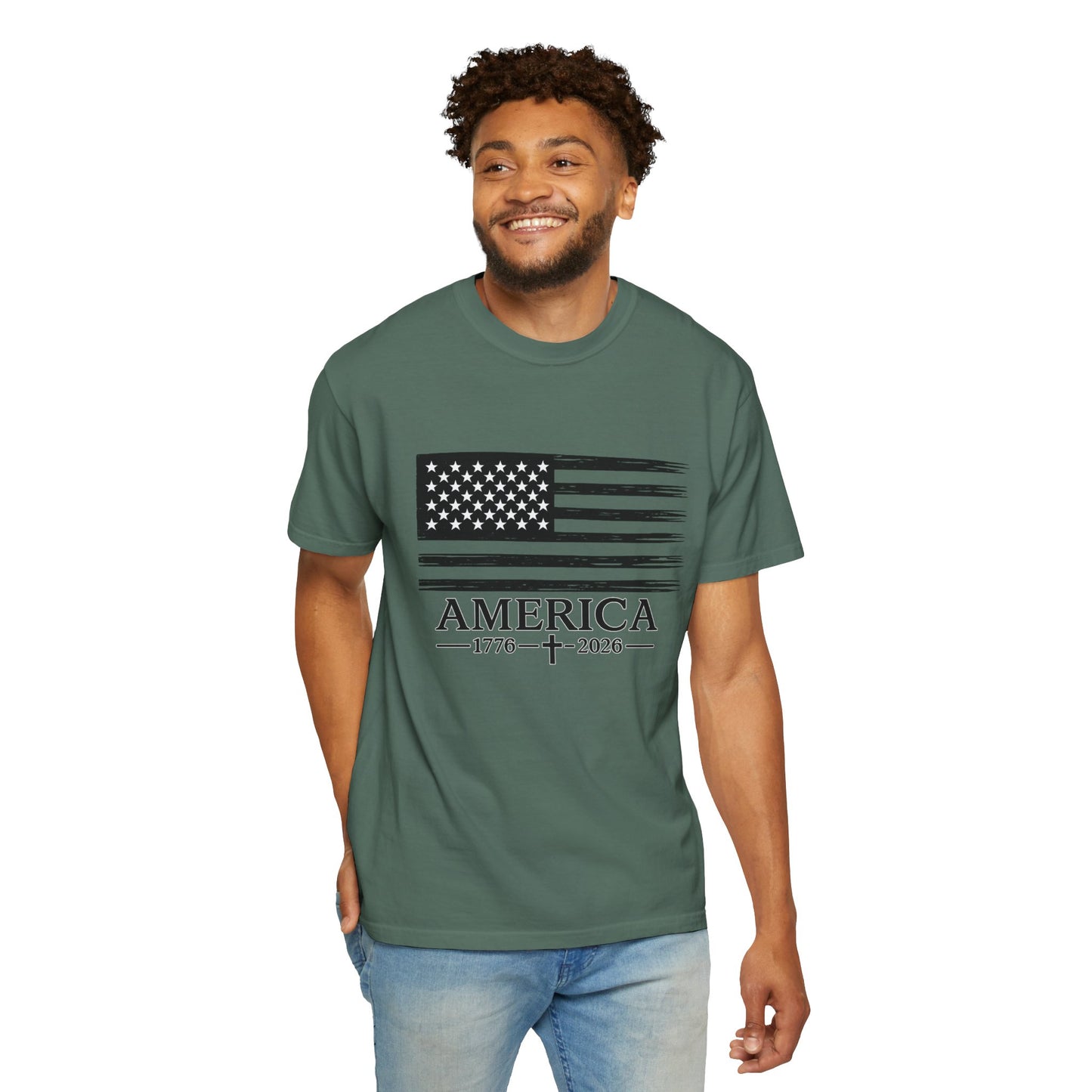 America 1776 -2026 Vintage Black Ink Flag - Unisex Garment-Dyed T-shirt