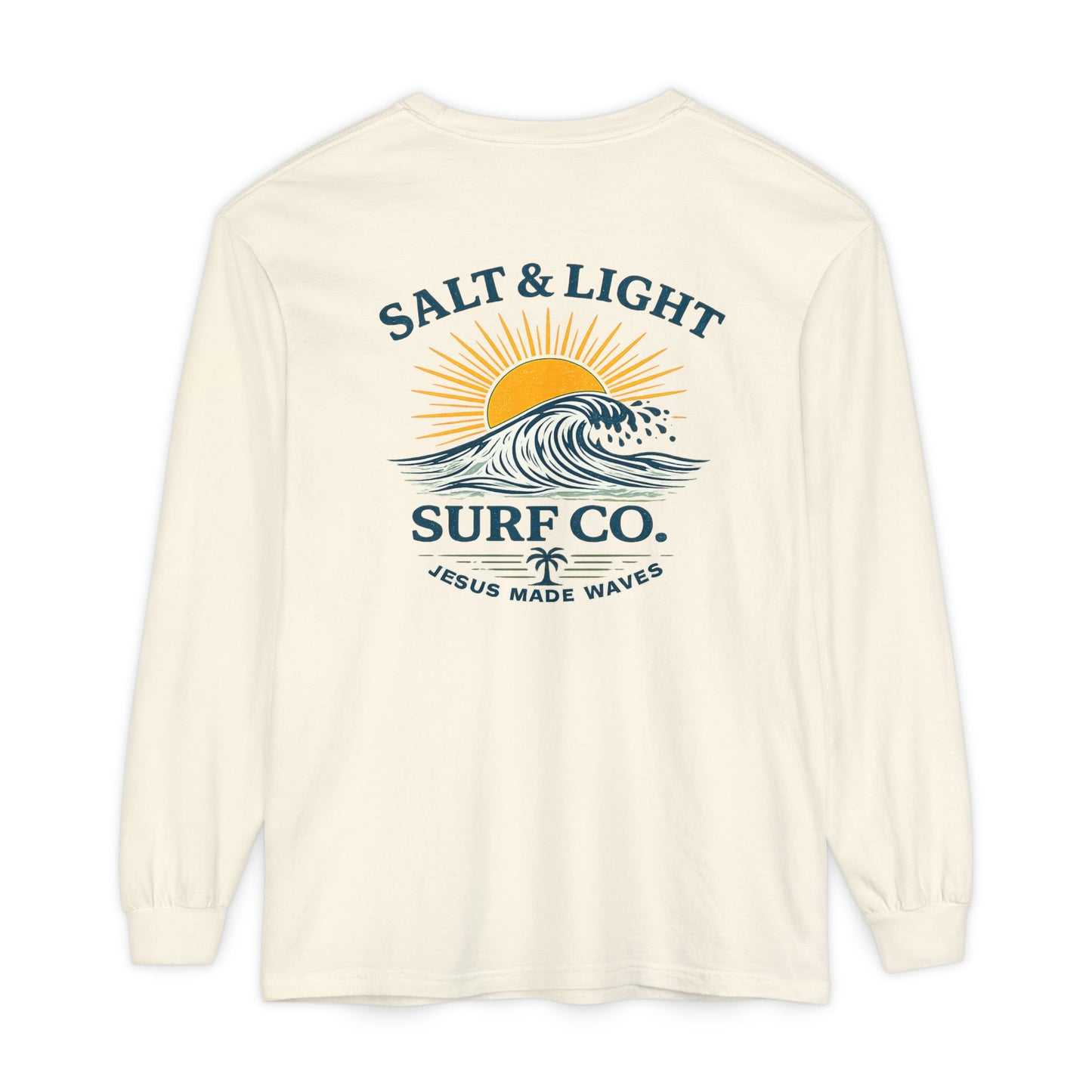 Salt & Light Surf Co. Long Sleeve Tee — 'Jesus Made Waves' Christian Surf T-Shirt, Back Graphic