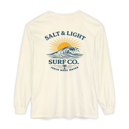 Salt & Light Surf Co. Long Sleeve Tee — 'Jesus Made Waves' Christian Surf T-Shirt, Back Graphic