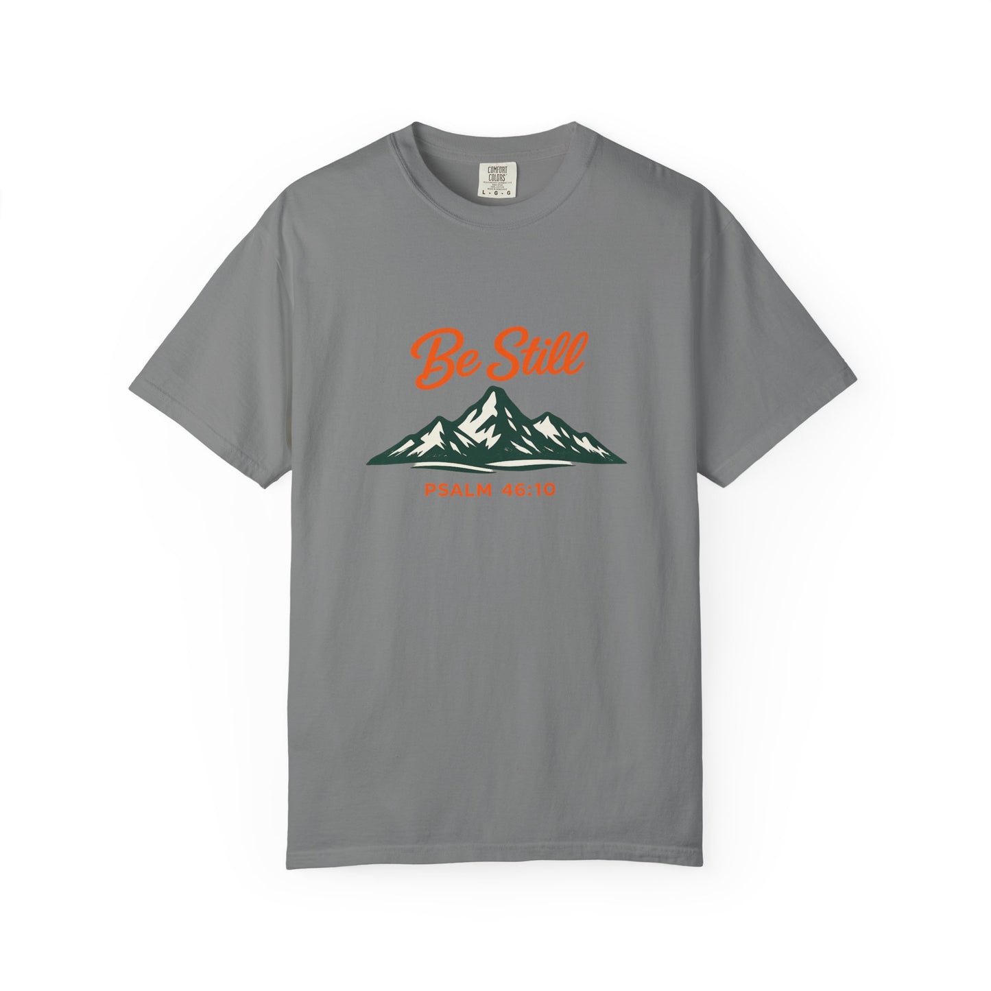 Be Still Mountain T-Shirt — Psalm 46:10 Christian Graphic Tee - Bright Ink, longer Mountain
