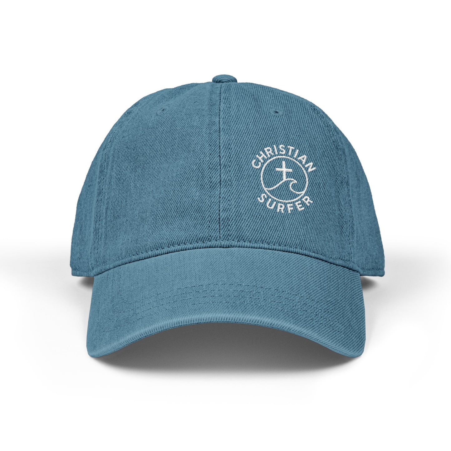 Christian Surfer Embroidered Denim Hat, Beachwear, Summer Accessory, Gift for Water Sports Lovers, Casual Outfit