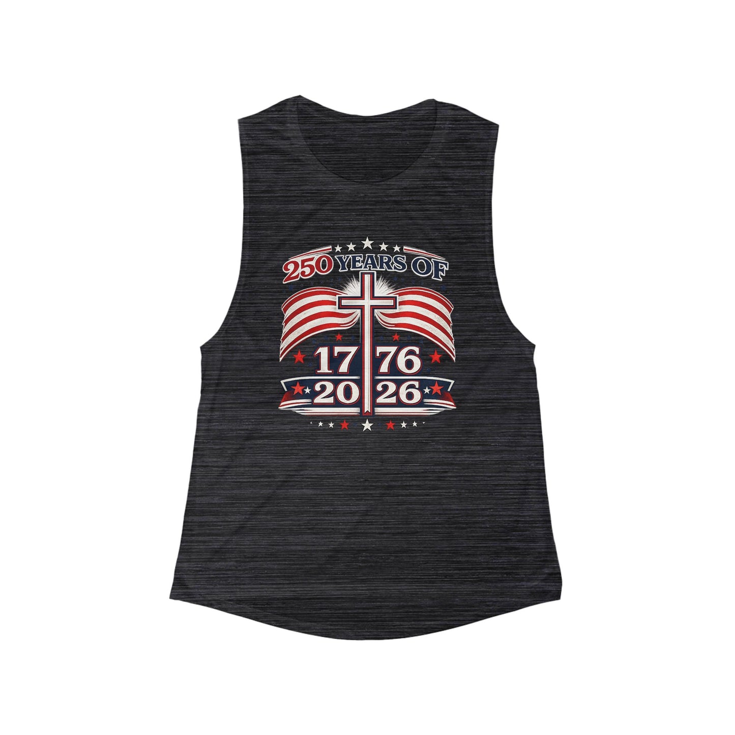 Patriotic 250 Years Tank — 1776–2026 American Flag & Cross Women's Muscle Tank