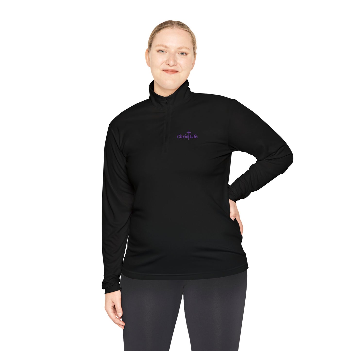 Unisex Quarter-Zip Pullover workout, ChristLife logo in purple.   Sporty
