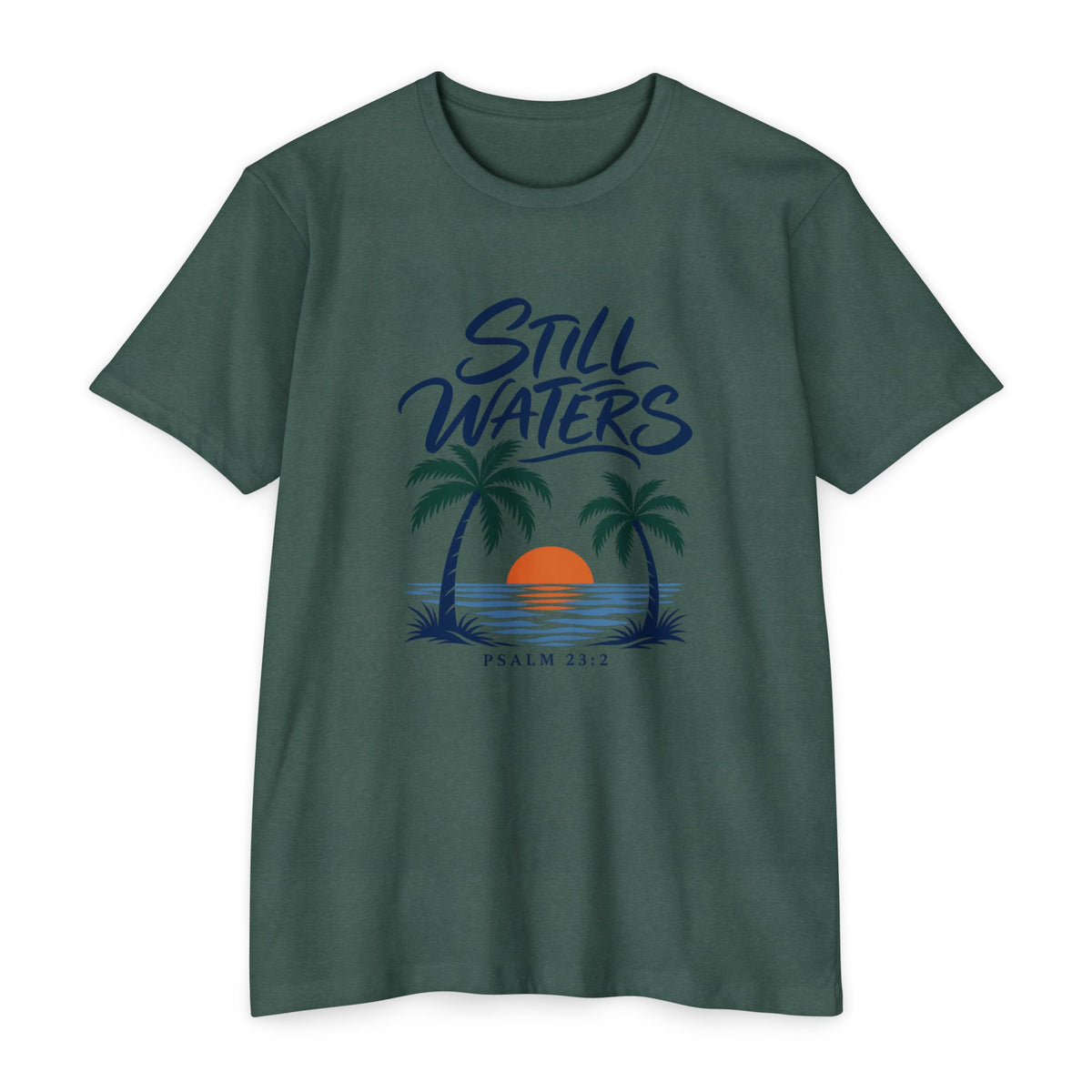 Still Waters T-Shirt — Psalm 23:2 Sunset Palm Graphic Tee Front Graphic