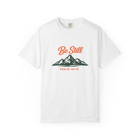 Be Still Mountain T-Shirt — Psalm 46:10 Christian Graphic Tee - Bright Ink, longer Mountain