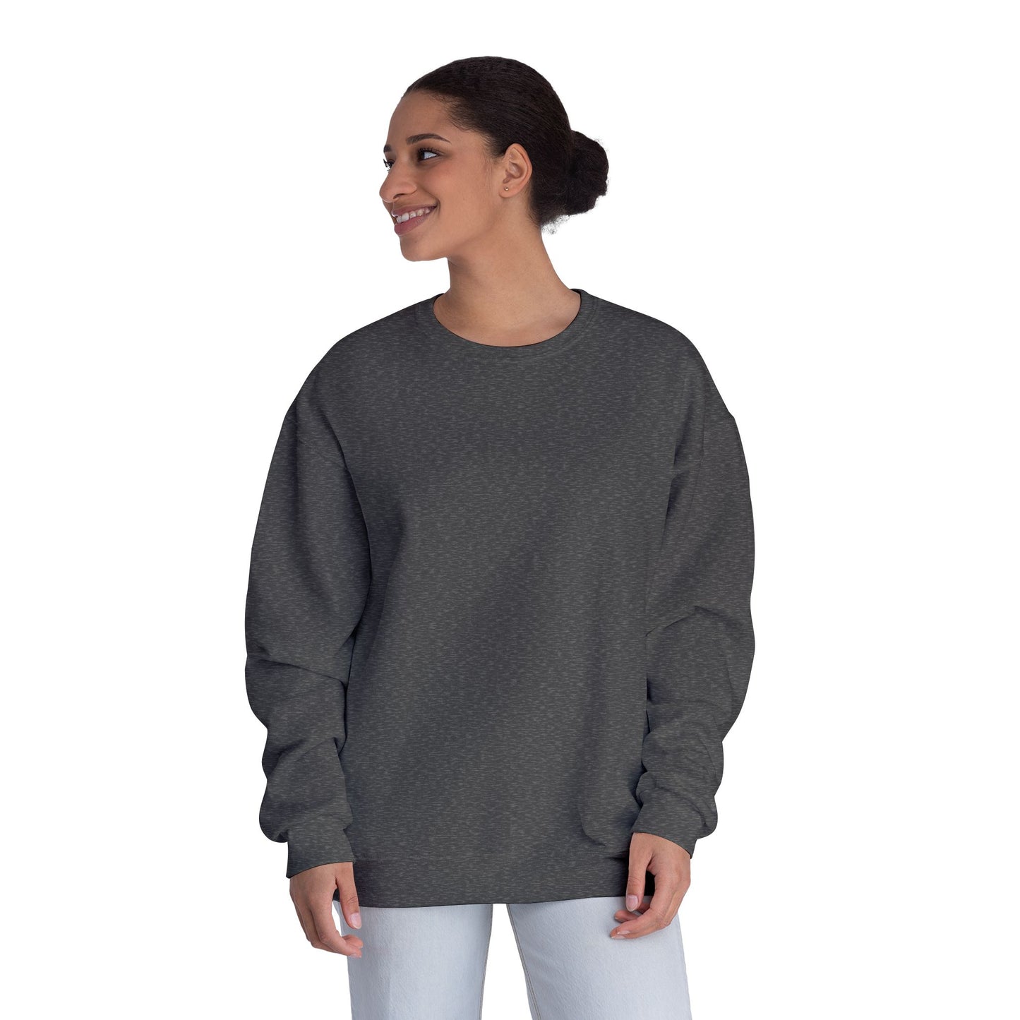 Surf Crewneck Sweatshirt — "Salt & Light" Beach Tan Surfboard Design on Backside