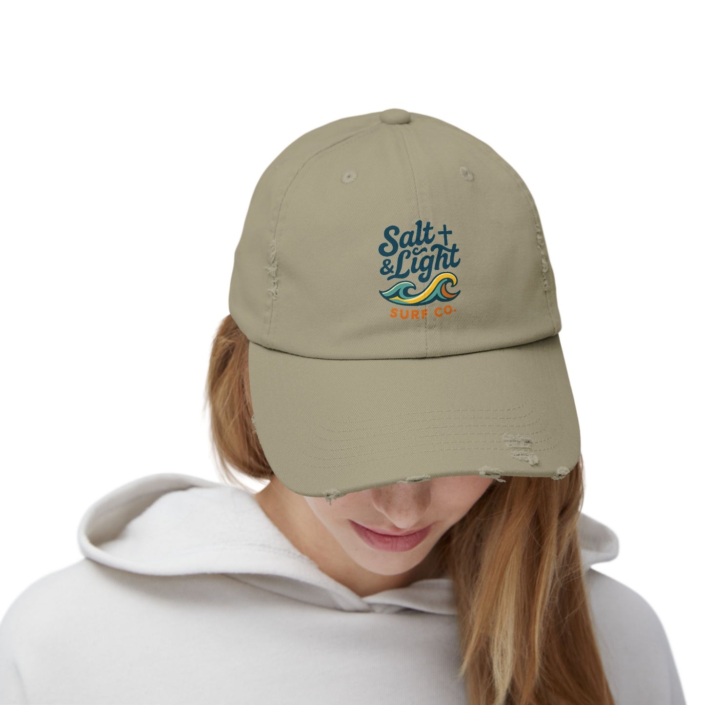 Salt & Light Surf Co. Distressed Baseball Cap — Vintage Surf Wave Embroidered Hat