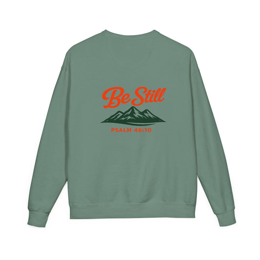 Be Still Mountain Sweatshirt — Psalm 46:10 Inspirational Crewneck Comfort, Back Print