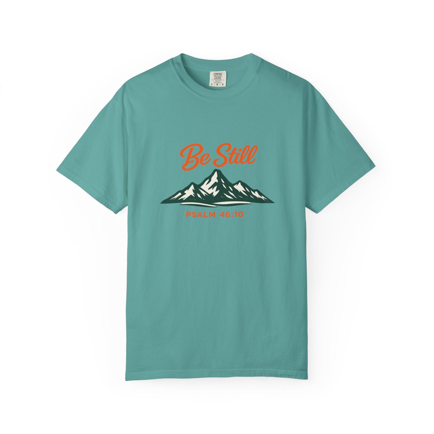Be Still Mountain T-Shirt — Psalm 46:10 Christian Graphic Tee - Bright Ink, longer Mountain