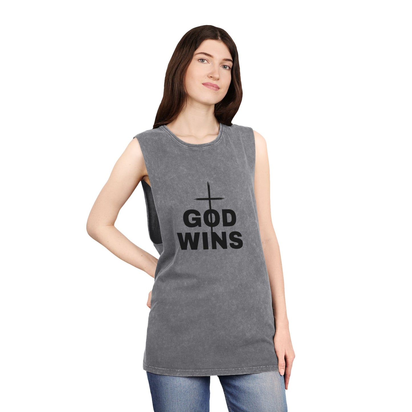 Stonewash Cross Tank Top, GOD WINS, Casual Tank, Christian Apparel, Eco-Friendly