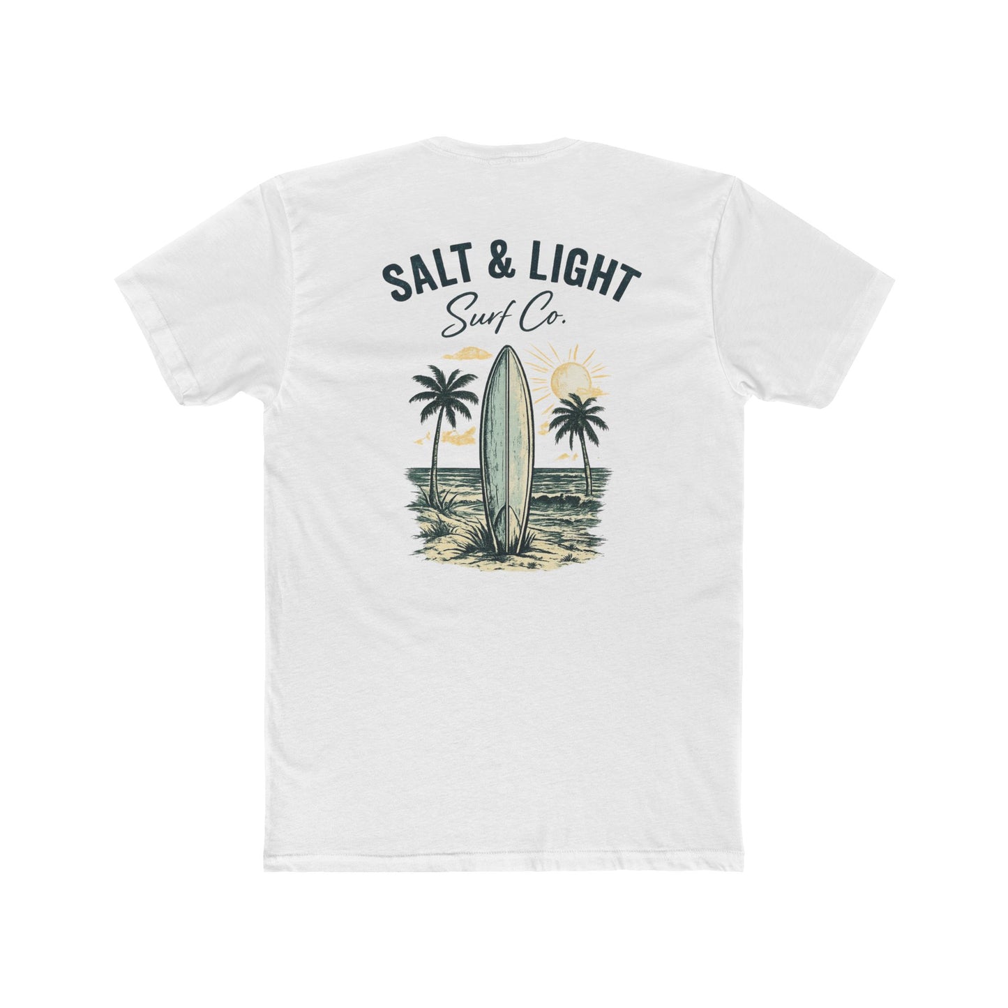 Surf Co. Vintage Surfboard T-Shirt — Salt & Light Beach Tee Graphic on Backside