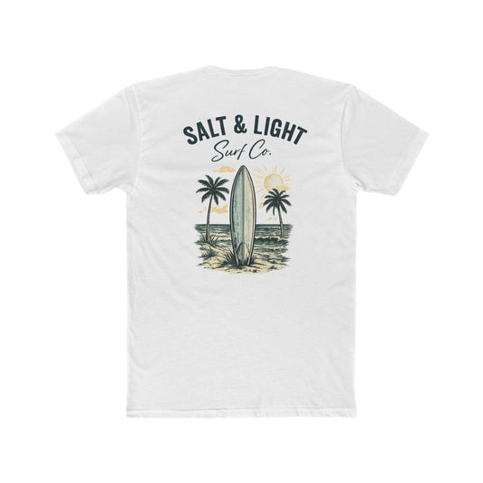Surf Co. Vintage Surfboard T-Shirt — Salt & Light Beach Tee Graphic on Backside